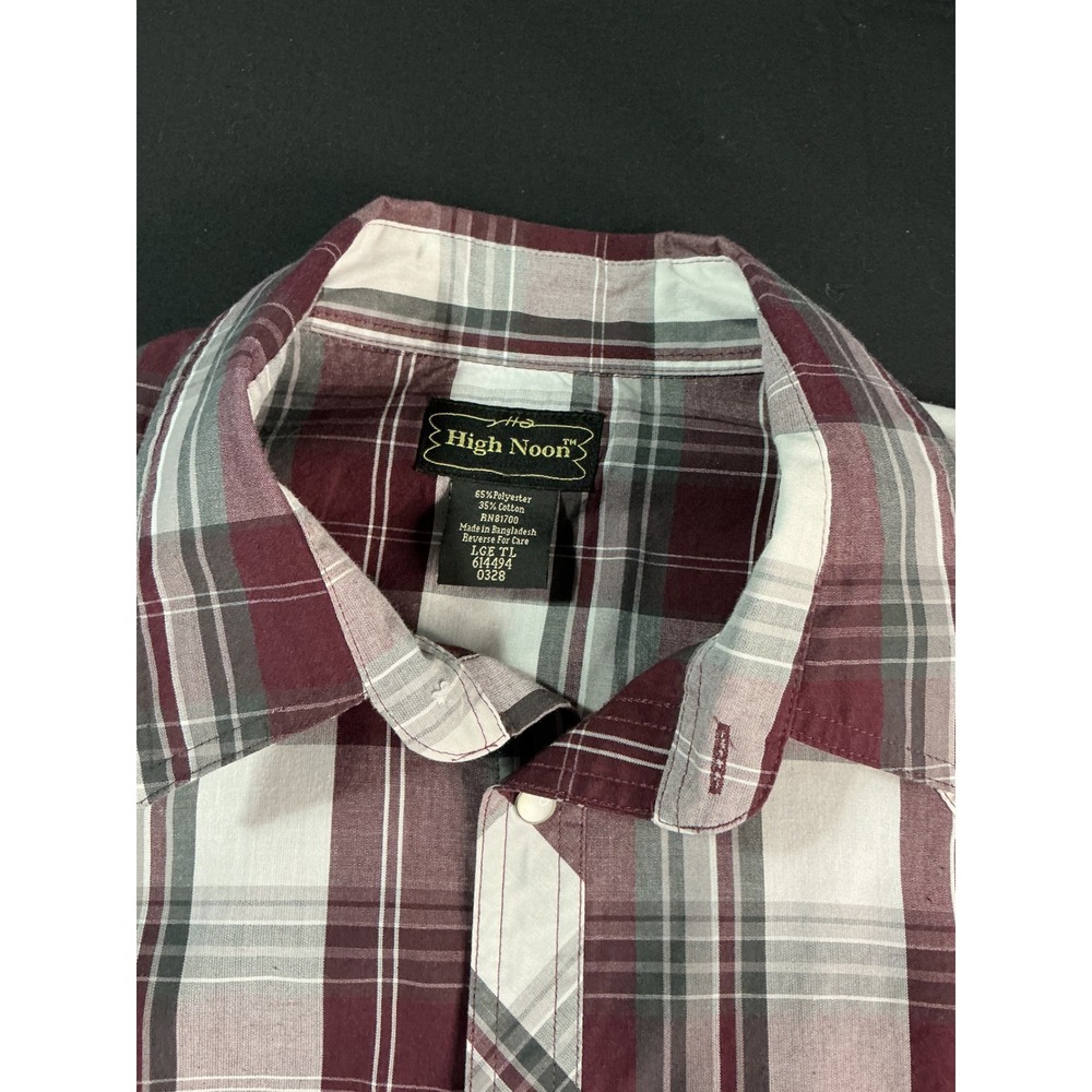High Noon Mens Western Pearl Snap Shirt Large Tall Plaid Burgundy Short Sleeve